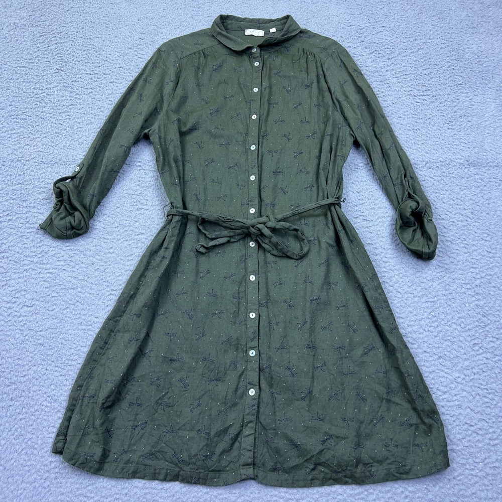 Fat Face Button Down Dress Size 12‎ Green Collared Midi Tie Long Sleeve Roll Tab